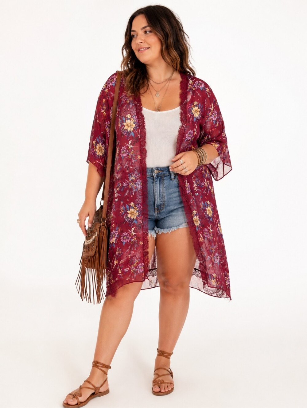Almost Famous 1X Burgundy Floral Lace‎ Trim Sheer Kimono Boho Festival Duster